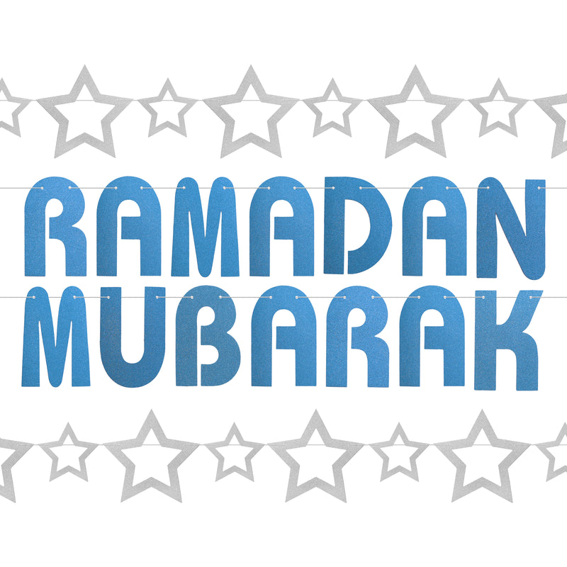 Blue Glitter Ramadan Mubarak Letters & Silver Star 2-Piece Bunting Decoration Set