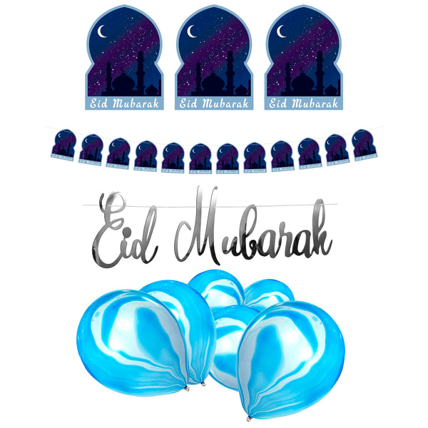 Blue Night Eid Mubarak Bunting, Silver Calligraphy Bunting & Blue Marble Balloons