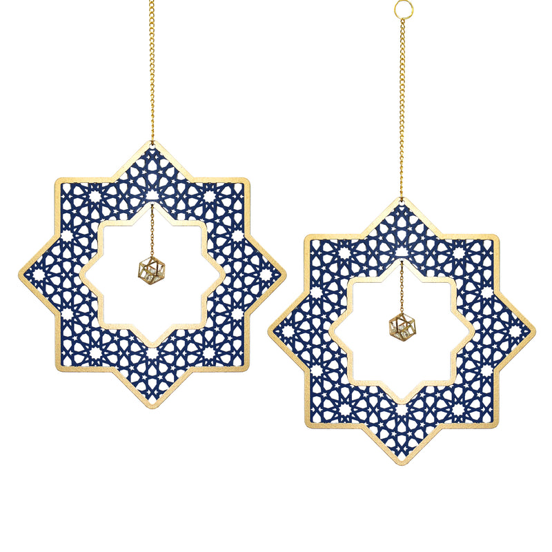 Set of 2 Wooden Ramadan & Eid Ornate Hanging Star Decorations - Blue / Gold Outline