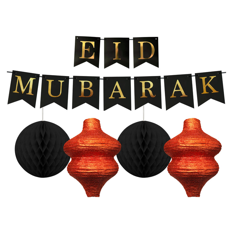 Eid Mubarak Black & Gold Bunting & 4 Lantern Decoration (2xBlack & 2xCopper)