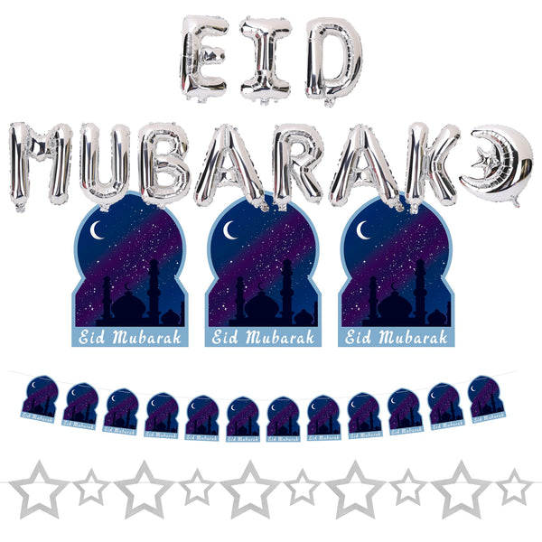 Blue Night Eid Mubarak Bunting, Silver Glitter Star Bunting & Silver Foil Eid Mubarak Balloons
