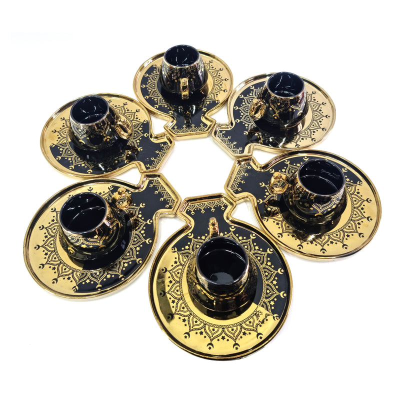 Set of 6 Ceramic Cups & Saucers - Black & Metallic Gold 'Ramadan Kareem' (C22-14)