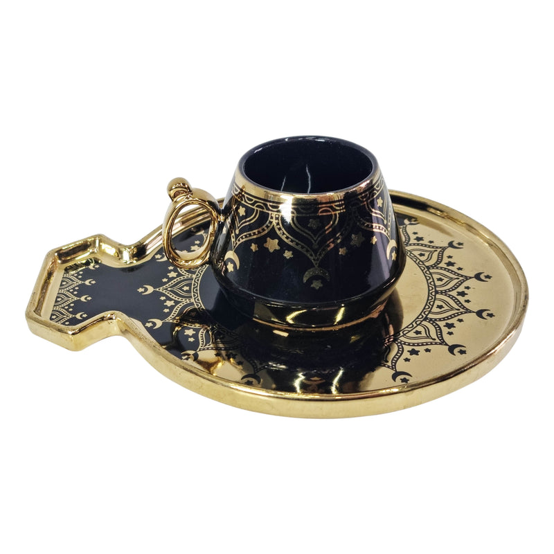 Set of 6 Ceramic Cups & Saucers - Black & Metallic Gold 'Ramadan Kareem' (C22-14)