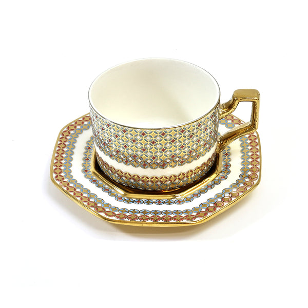 Set of 6 Ceramic Cups & Saucers - Gold, Red & Yellow Aztec Pattern (C23-5)