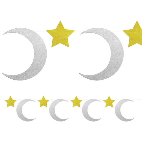 Gold & Silver Glitter Crescent Moon & Star Bunting - 2 meters