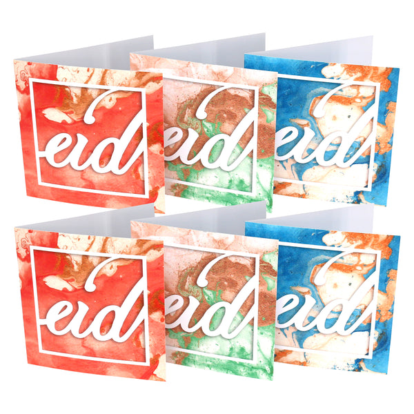 Pack of 6 Colourful Marble Effect Eid Mubarak Cards