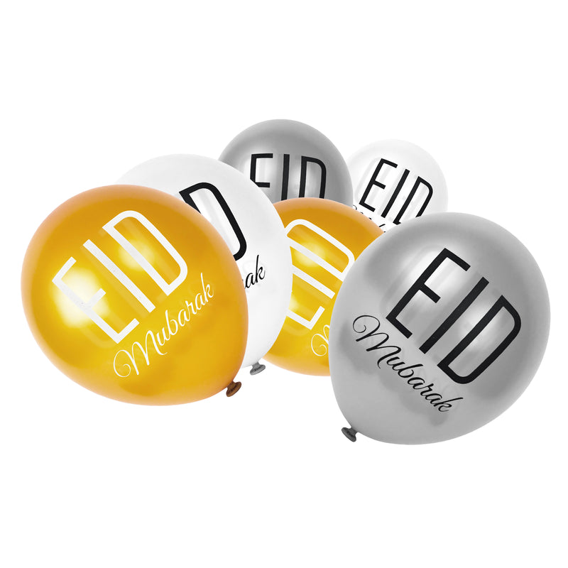Gold, Silver & White Eid Mubarak Latex Party Balloons (15 Pack)