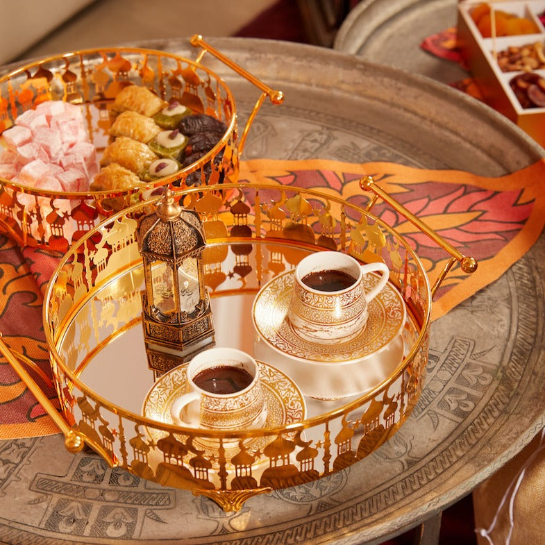 Set of 2 Gold Metal & Mirror Round Cut Out Cake / Treat Tins With Handles