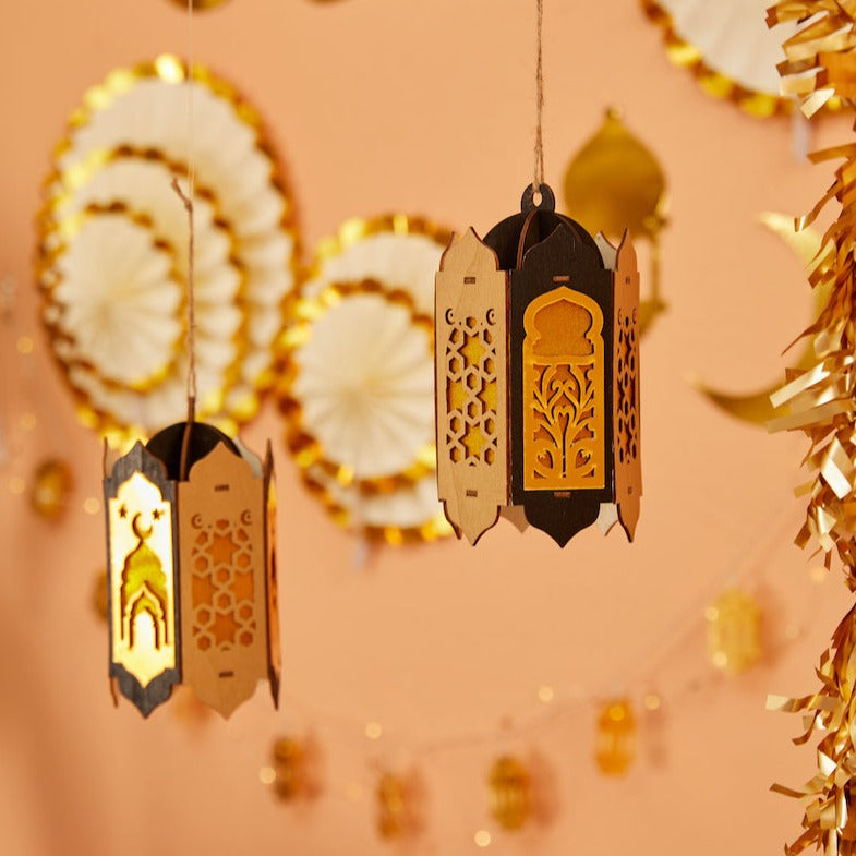 Pack of 2 Wooden Shabby Chic Table / Hanging Lantern Decoration - Black / Gold Cut Out Mosque