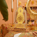 Set of 2 Wooden Shabby Chic Table / Hanging Lantern Decoration - Natural / Gold Geometric Arabic Cut Out