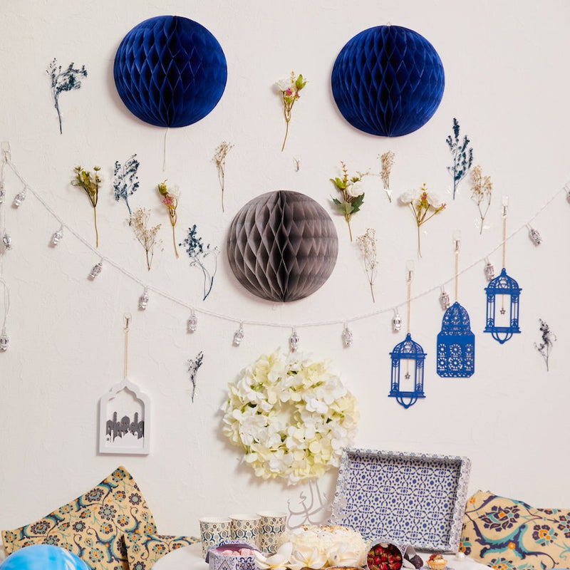 Pack of 2 Blue Paper Hanging Honeycomb Sphere Balls Eid Party Decoration