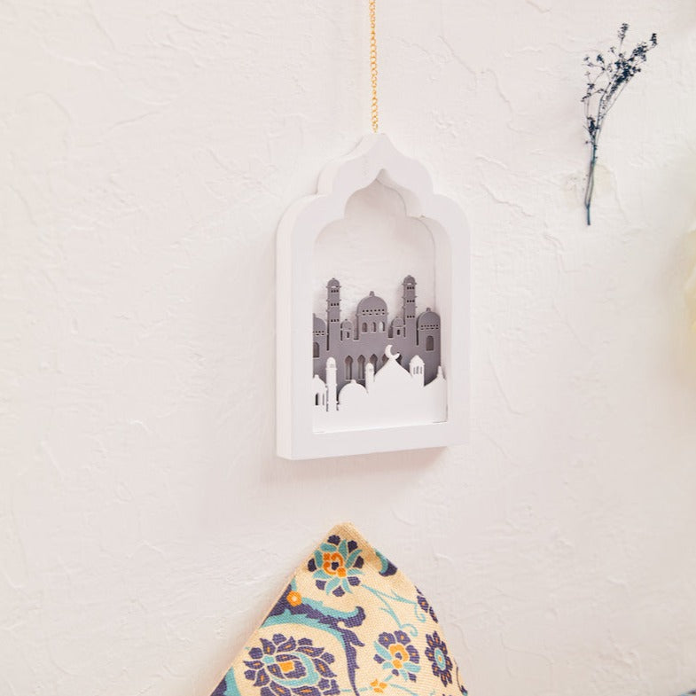 Set of 2 White & Grey 3D Wooden Window Arch & Mosque Hanging Decorations