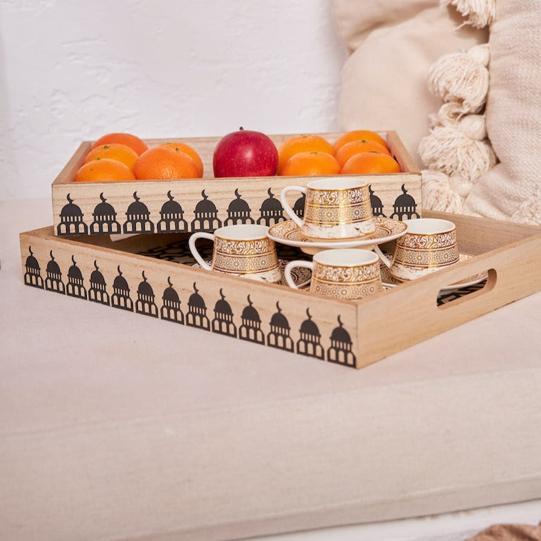 2pc Wooden Iftar Tray Set - Tea Serving Trays - Geometric Star & Mosque Silhouette