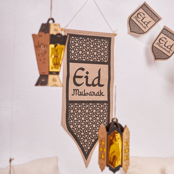 Geometric Eid Mubarak Natural Hessian Hanging Scroll Pendant