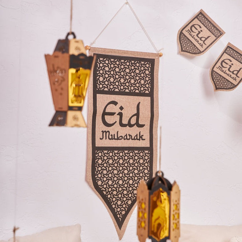 Geometric Hessian 'Eid Mubarak' Bunting, Scroll & Balloons Set (Set 22-6)