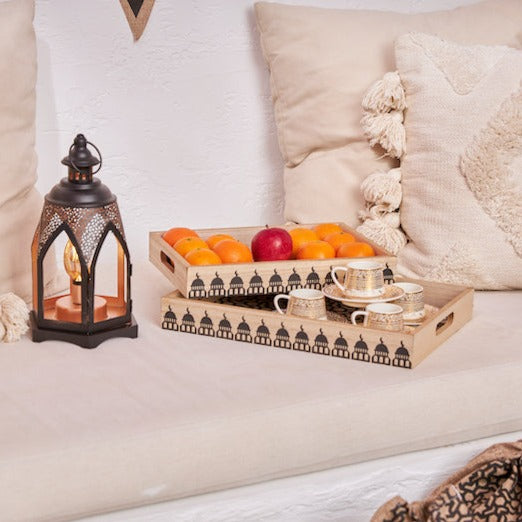 2pc Wooden Iftar Tray Set - Tea Serving Trays - Geometric Star & Mosque Silhouette