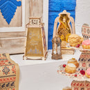 Set of 2 Wooden Shabby Chic Table / Hanging Lantern Decoration - Natural / Gold Arabic Skyline Cut Out