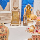 Set of 2 Wooden Shabby Chic Table / Hanging Lantern Decoration - Natural / Gold Geometric Arabic Cut Out