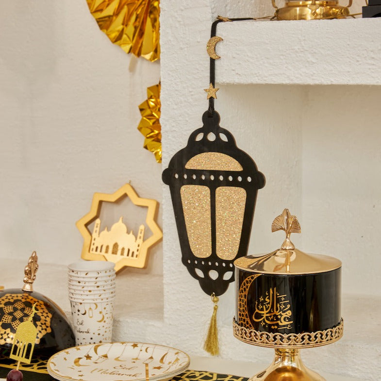 Black & Gold 'Eid Mubarak' Bunting & 3 x Wooden Lanterns Set (Set 22-12)