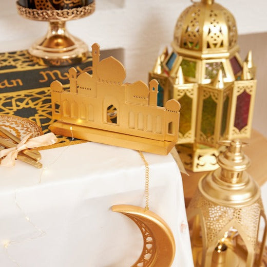 4 Minaret Matte Gold Wooden Mosque Table Centre Decoration