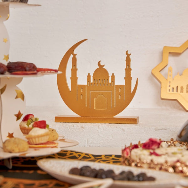 Matte Gold Wooden Crescent Moon & Mosque Table Centre Decoration