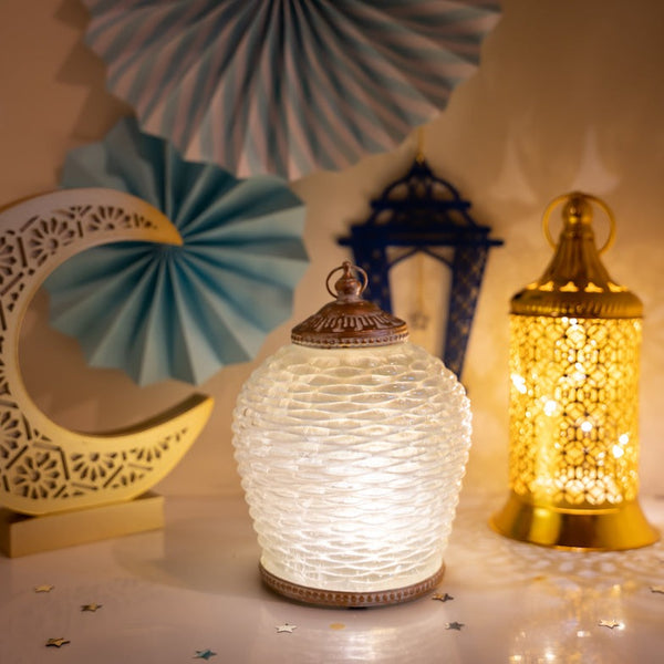 White Iridescent Patterned Glass LED Lantern Candle (L22-40)
