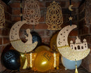 Set of 2 Wooden Mosque & Praying Crescent Moon Hanging Decorations