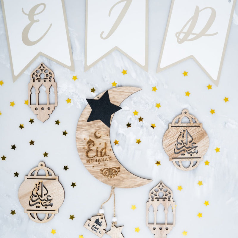 2 x Eid Mubarak Wooden Crescent Moon & Chalkboard Star Hanging Decoration