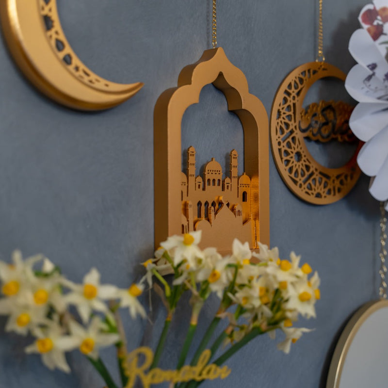 Set of 2 Gold 3D Wooden Window Arch & Mosque Hanging Decorations