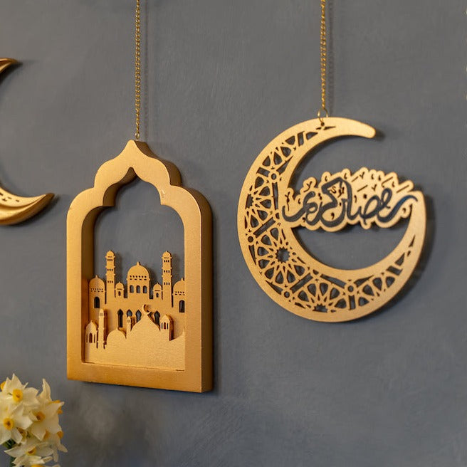 Pack of 2 Gold Geometric Ramadan Kareem Arabic Wooden Hanging Crescent Moons