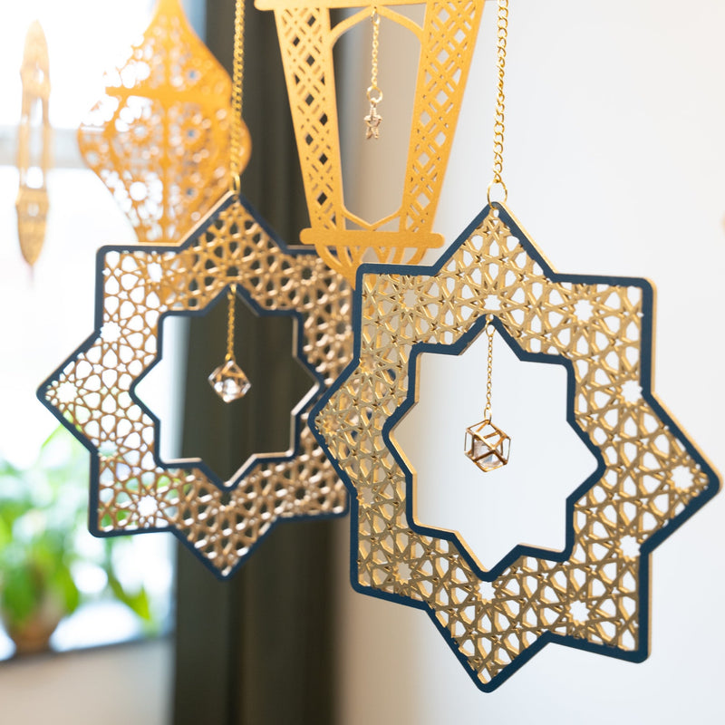 Set of 2 Wooden Ramadan & Eid Ornate Hanging Star Decorations - Gold / Blue Outline