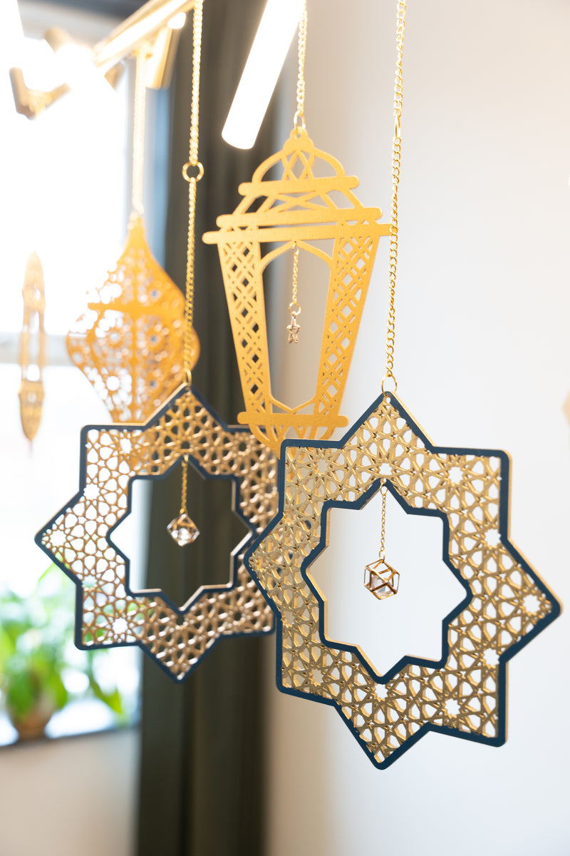 Set of 2 Gold Wooden Crosshatch Ramadan / Eid Lantern Hanging Decorations