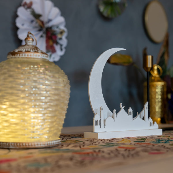 Matte White Wooden Crescent Moon, Minarets & Mosque Table Centre Decoration Set