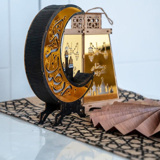 Pack of 2 Black & Gold Wooden Cut Out Crescent Moon With Mosque Silhouette Table Centre Decoration