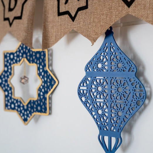 Set of 2 Blue Wooden Ramadan / Eid Lantern Hanging Decorations