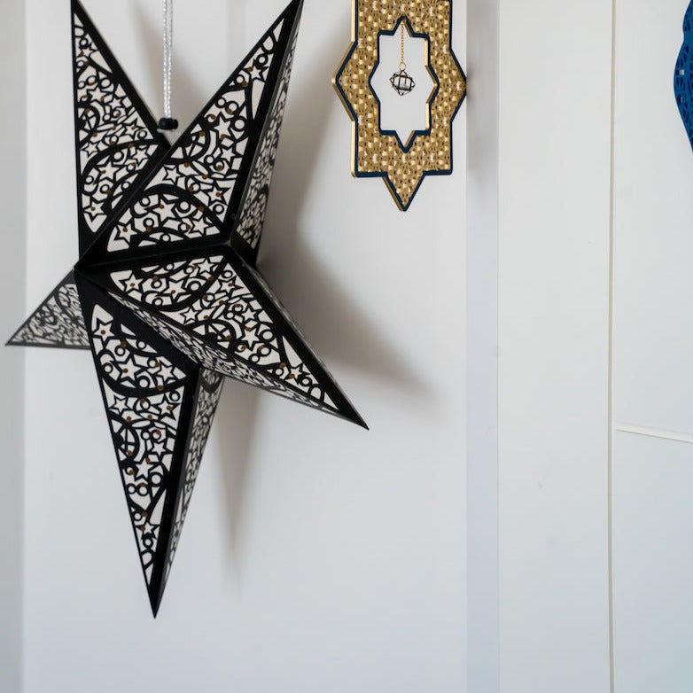 Pack of 2 Large Black & White Paper Hanging Star Eid & Ramadan Decorations