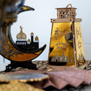 Set of 2 Wooden Shabby Chic Table / Hanging Lantern Decoration - Natural / Gold Arabic Skyline Cut Out