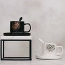 Black/White & Gold Arabic Calligraphy Style Ceramic Mug, Dish & Spoon Set (1385-9)