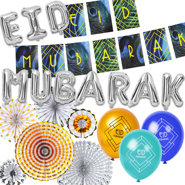 Art Deco Eid Mubarak Balloons & Botanical Bunting, Silver Foil Eid Letter Balloons & Gold/Silver Paper Fans Set