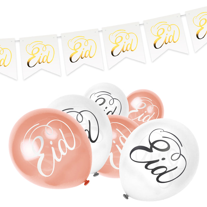 Rose Gold & White Eid Mubarak Balloons with Dovetail Bunting Decoration Set