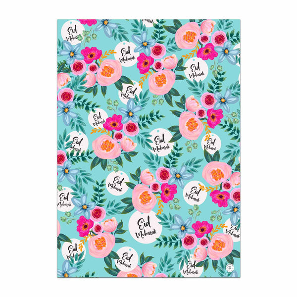 Turquoise Eid Mubarak Floral Wrapping Paper - 70x50cm (5 Sheets)