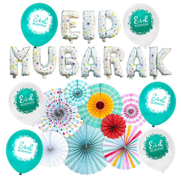 Pastel Paper Fans & Star Pattern Eid Mubarak Balloons & 12 Teal & White Balloons