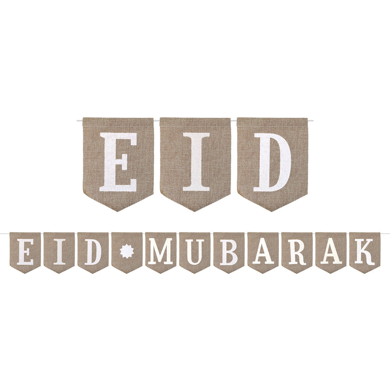 White, Silver & Hessian 'Eid Mubarak' Bunting, Half-Fan Garland, Paper/Wooden Lanterns & Stars Set (Set 22-14)