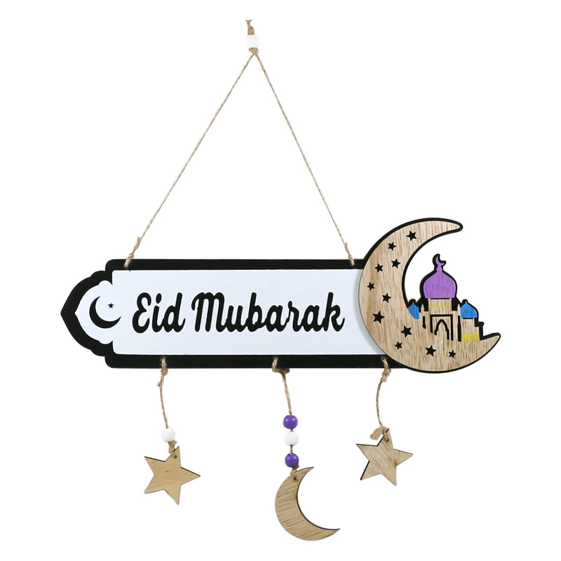 Eid Mubarak Moon, Mosque & Star Wooden Hanging Decoration