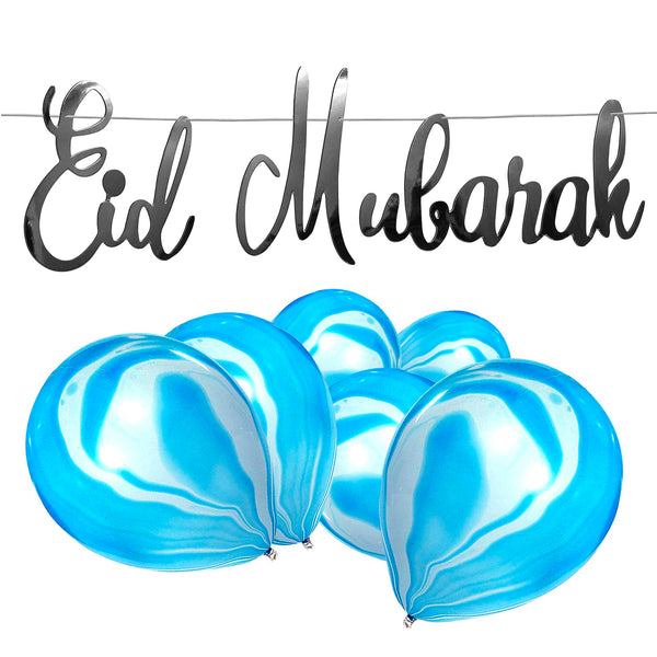 Metallic Silver Eid Mubarak Calligraphy Bunting & 10 Blue Marble Effect Balloons Set