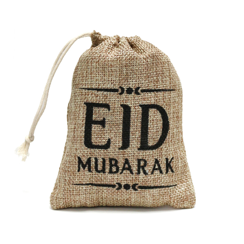 Pack of 6 Eid Mubarak Mini Hessian Pull String Gift Pouches (13x11cm)