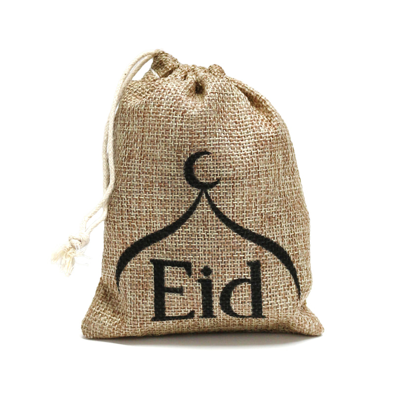 Pack of 6 Eid & Mosque Mini Hessian Pull String Gift Pouches (13x11cm)