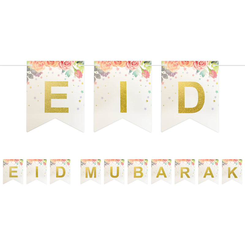 Floral Eid Mubarak Gold Lettering Card Pennant Bunting - 2 meters