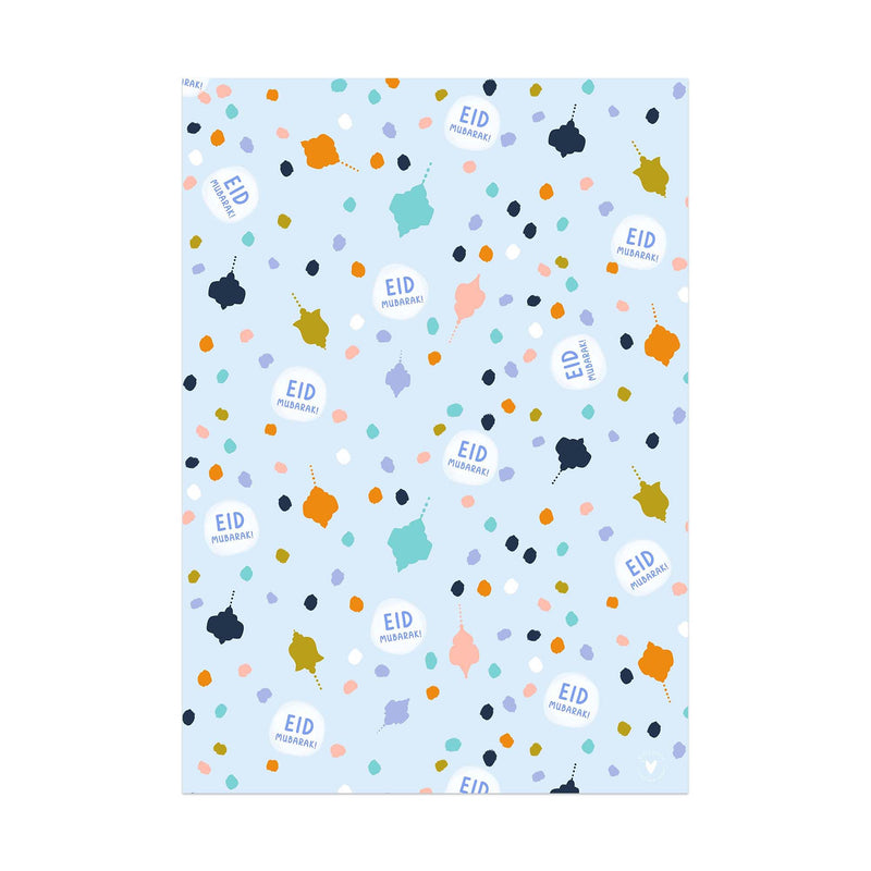 Light Blue Polka Dot Eid Mubarak Lantern Wrapping Paper - 70x50cm (5 Sheets)