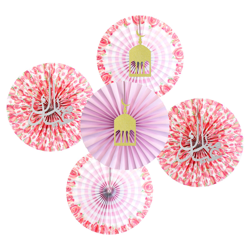 Set of 5 Pink Floral Eid & Ramadan Hanging Concertina Fans Decorations